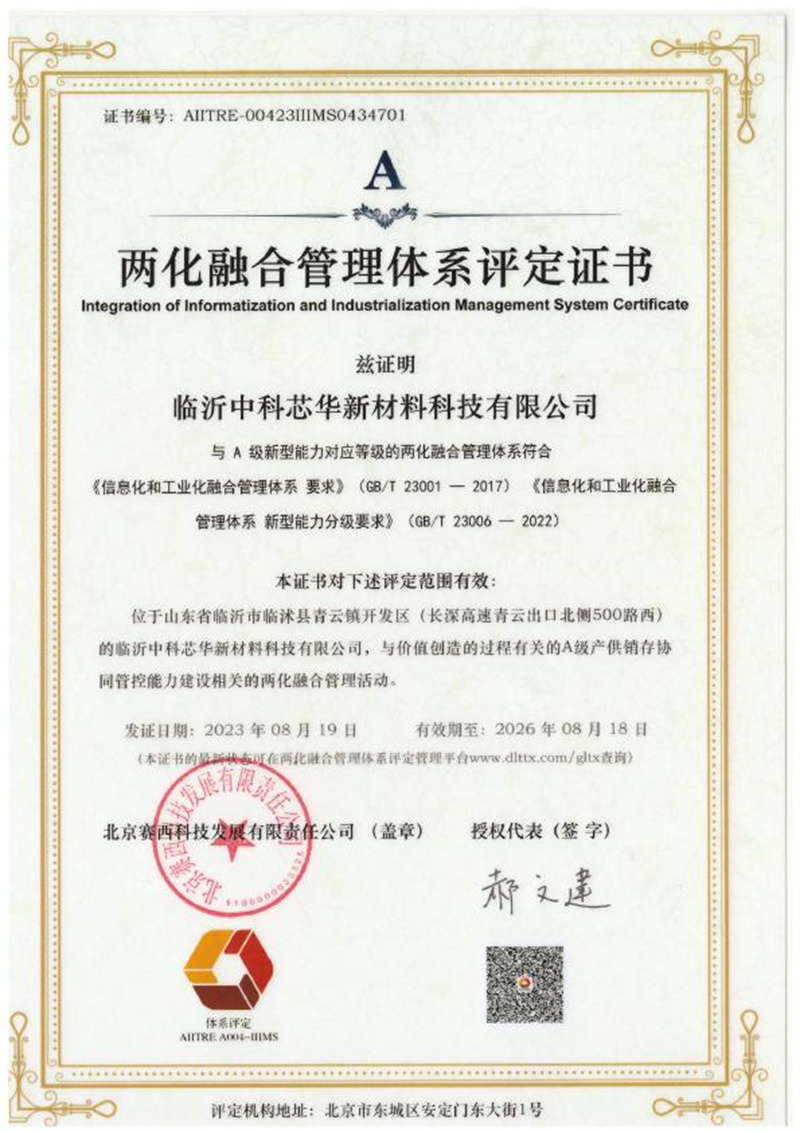 两化融合管理体系评定证书